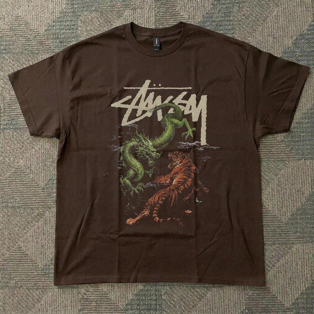 Brown Stussy Tiger Dragon Cotton Tee